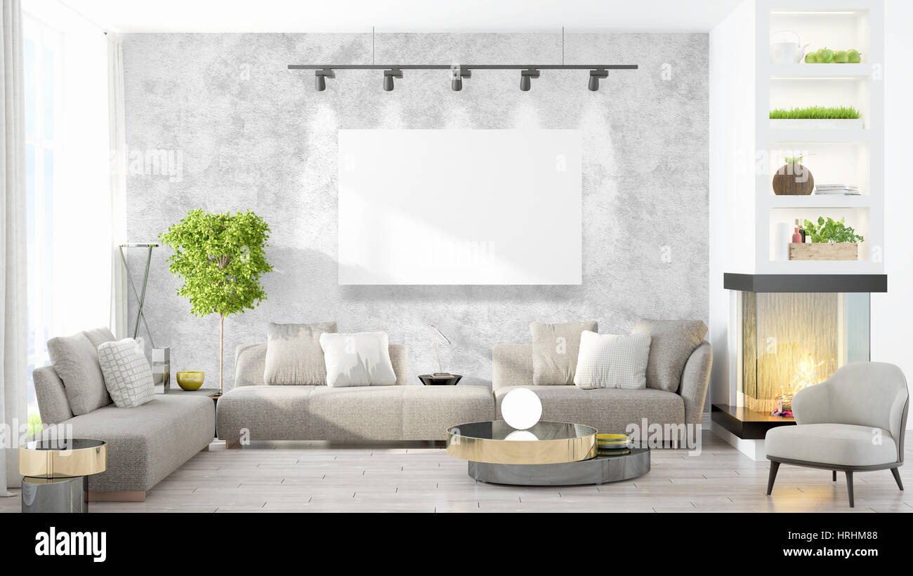 Modern interior with empty frame . 3D rendering Stock Photo - Alamy