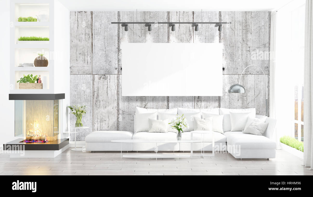 Modern interior with empty frame . 3D rendering Stock Photo - Alamy