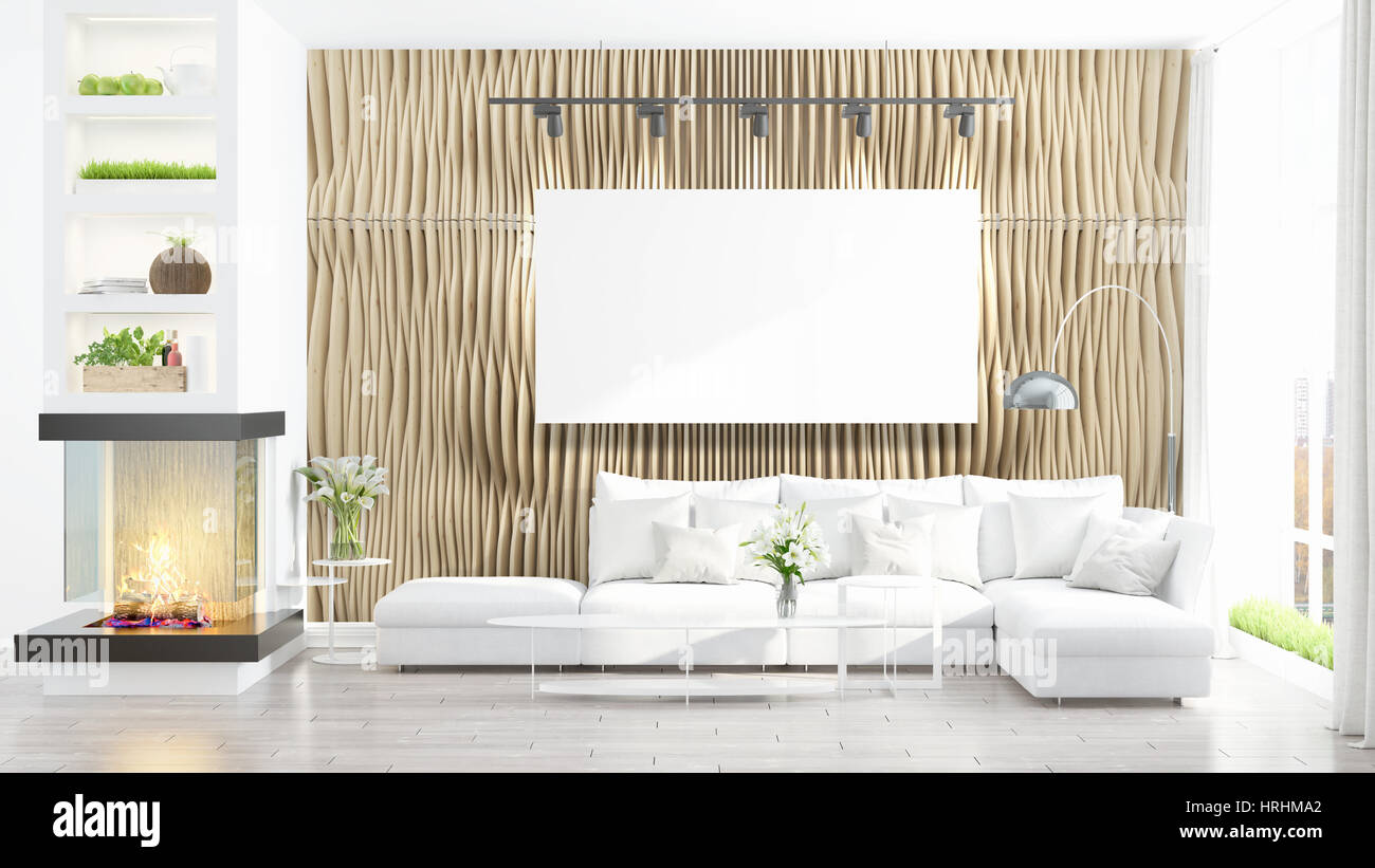 Modern interior with empty frame . 3D rendering Stock Photo - Alamy