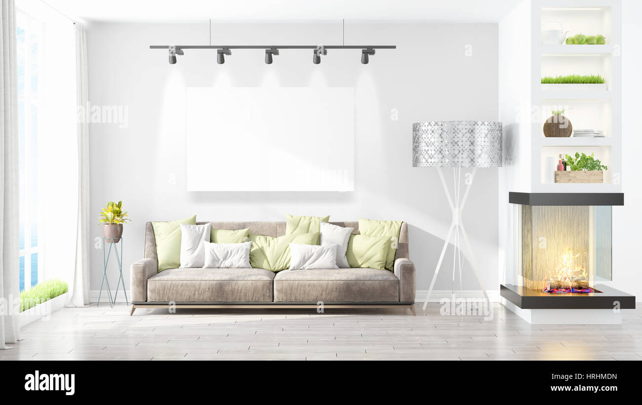 Modern interior with empty frame . 3D rendering Stock Photo - Alamy