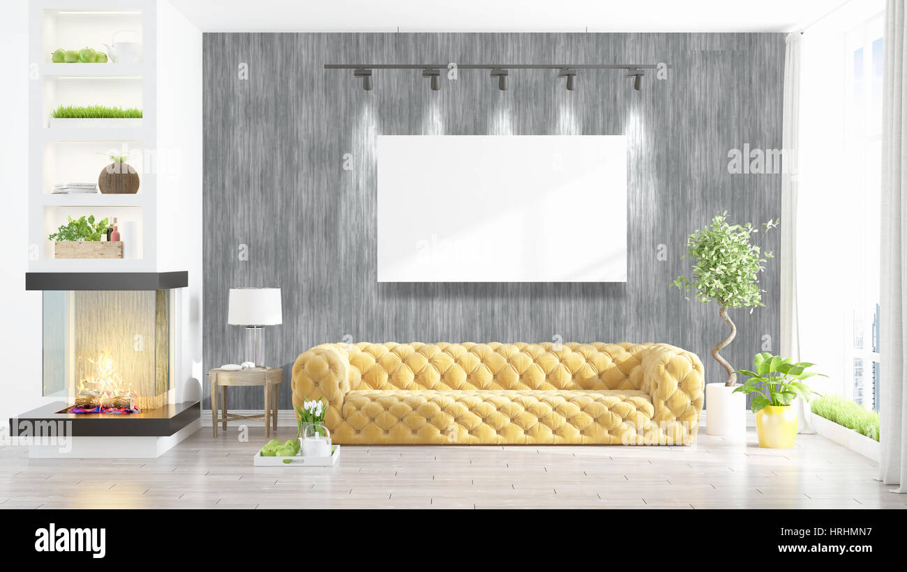 Modern interior with empty frame . 3D rendering Stock Photo - Alamy