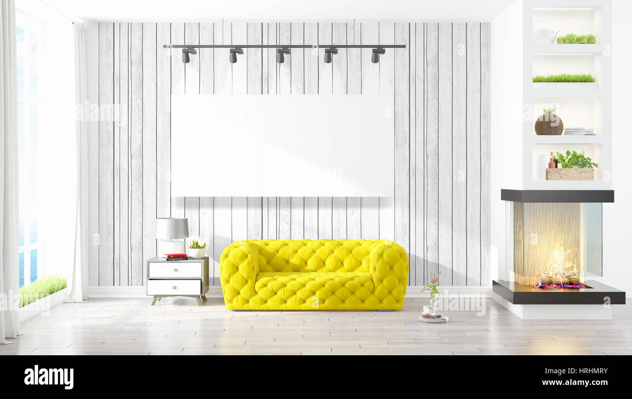 Modern interior with empty frame . 3D rendering Stock Photo - Alamy