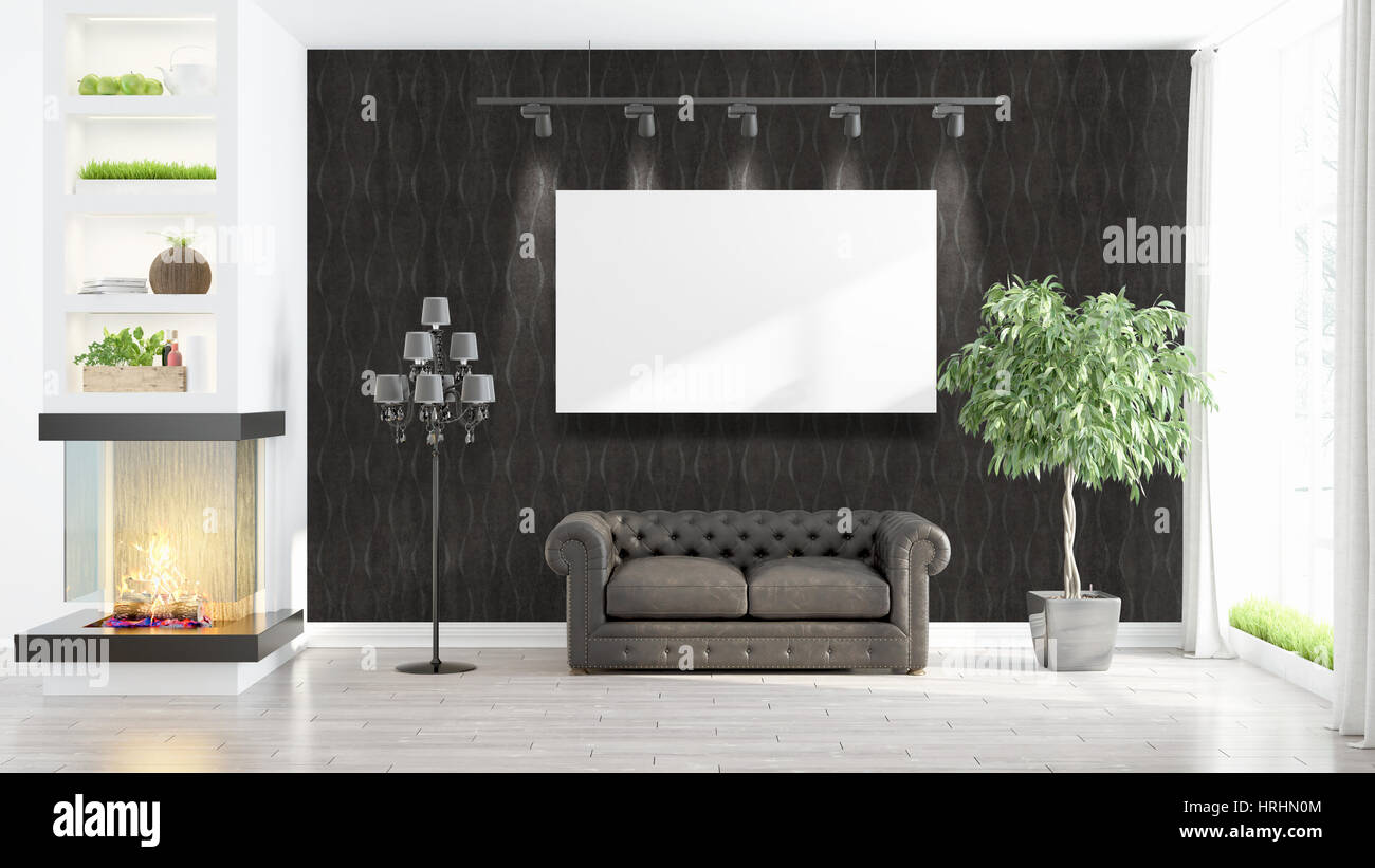 Modern interior with empty frame . 3D rendering Stock Photo - Alamy