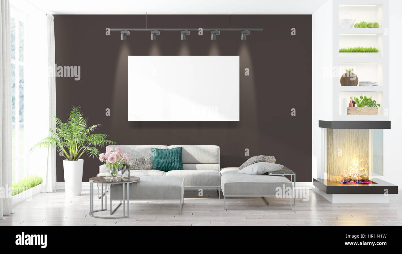 Modern interior with empty frame . 3D rendering Stock Photo - Alamy