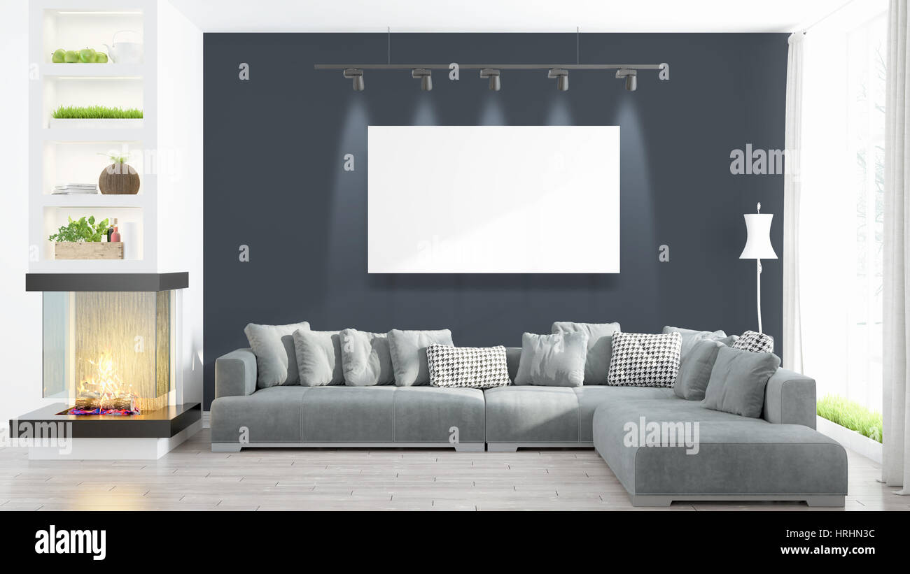 Modern interior with empty frame . 3D rendering Stock Photo - Alamy