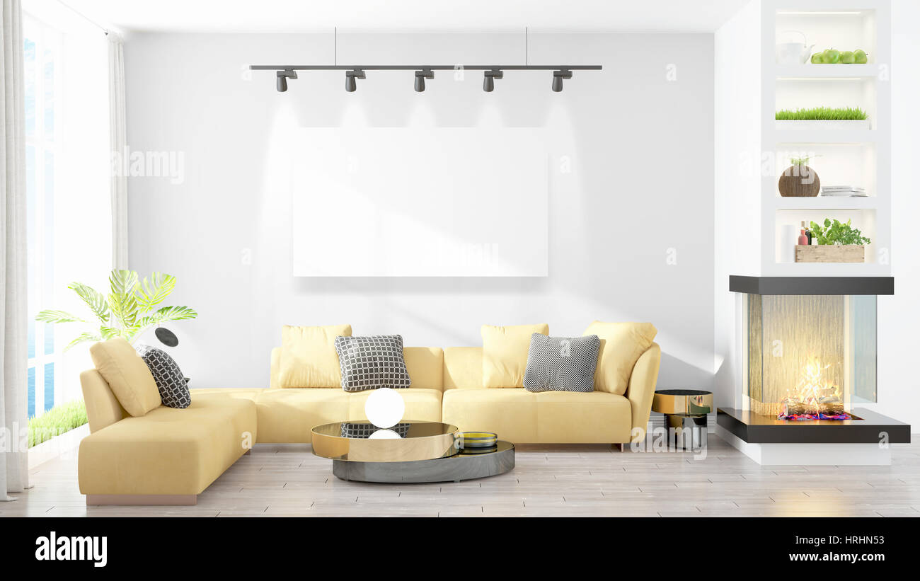 Modern interior with empty frame . 3D rendering Stock Photo - Alamy