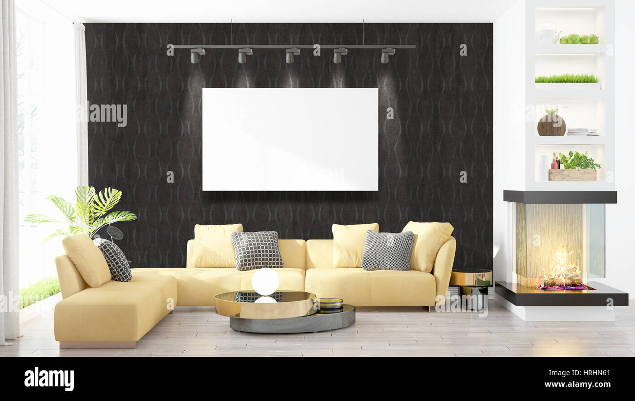 Modern interior with empty frame . 3D rendering Stock Photo - Alamy