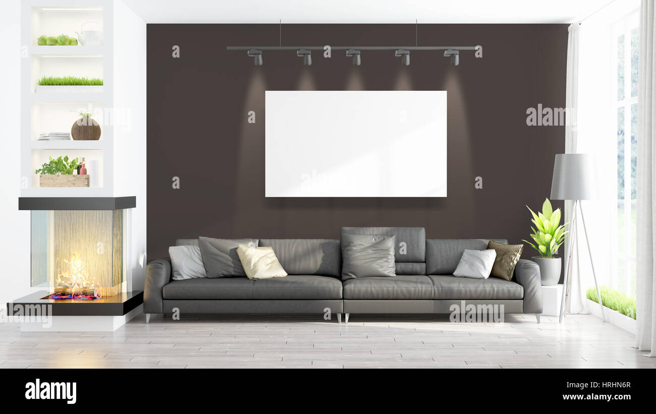 Modern interior with empty frame . 3D rendering Stock Photo - Alamy