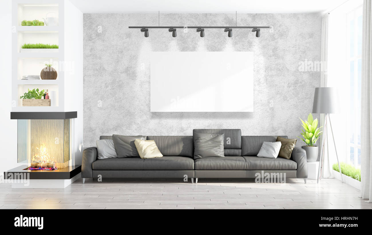 Modern interior with empty frame . 3D rendering Stock Photo - Alamy