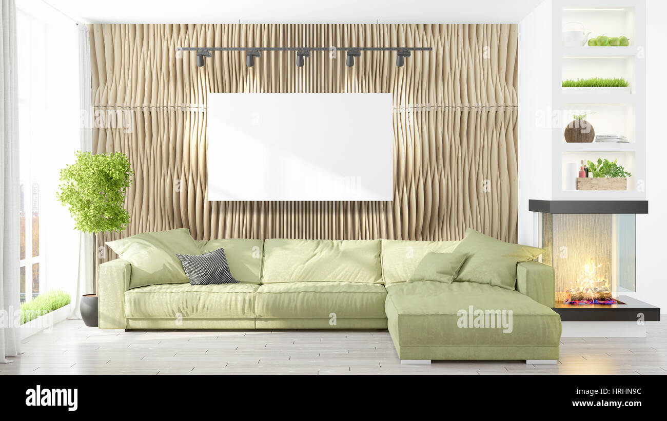 Modern interior with empty frame . 3D rendering Stock Photo - Alamy