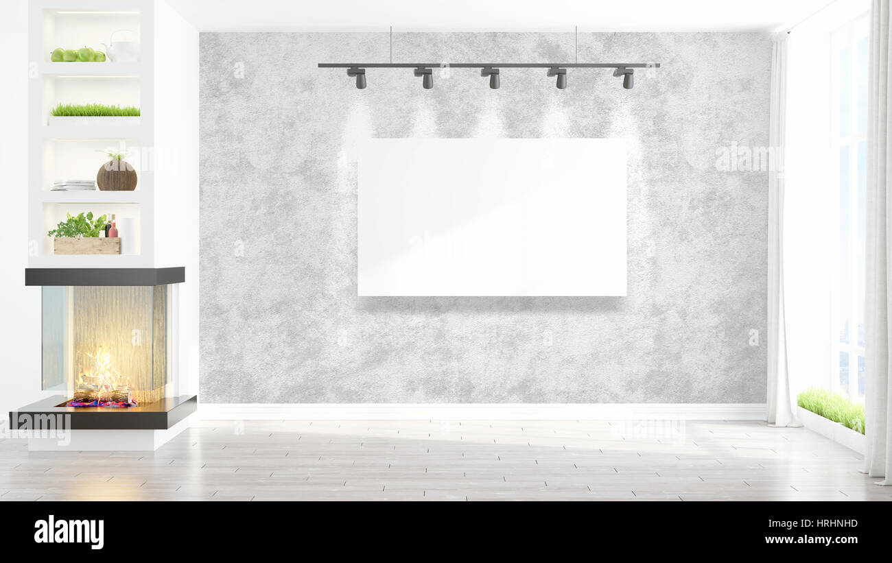 Modern interior with empty frame . 3D rendering Stock Photo - Alamy