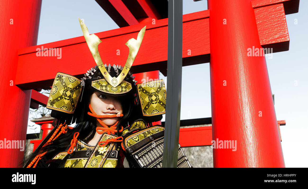 Japanese lady in Samurai armour Stock Photo