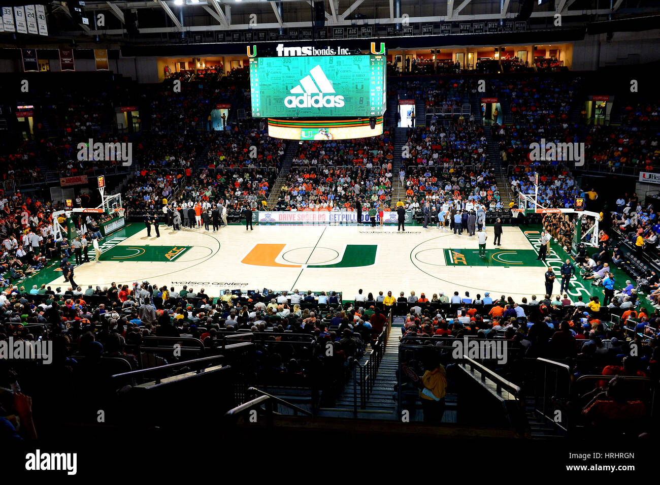 General view of the court during an ACC basketball game between the  University of Miami Hurricanes and North Carolina Tar Heels at the Watsco  Center in Coral Gables, Florida. Miami defeated North