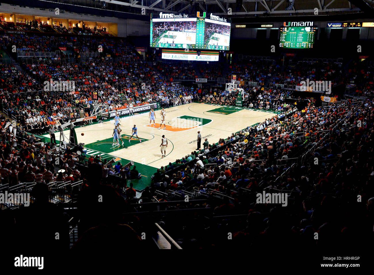 General view of the court during an ACC basketball game between the University of Miami Hurricanes and North Carolina Tar Heels at the Watsco Center in Coral Gables, Florida