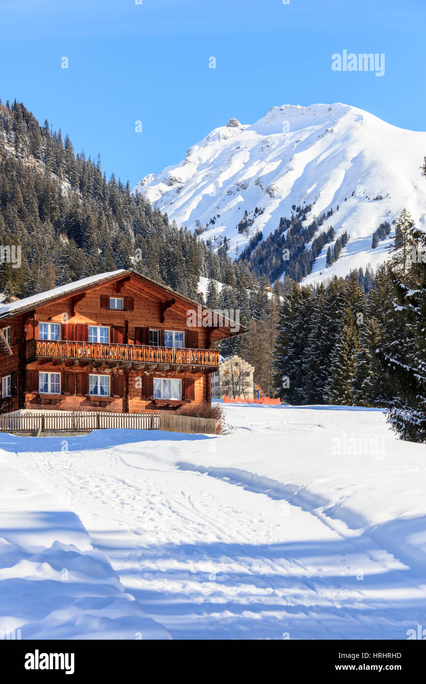 Typical wooden hut framed by woods and snowy peaks, Langwies, district of Plessur, Canton of Graubunden, Swiss Alps, Switzerland Stock Photo