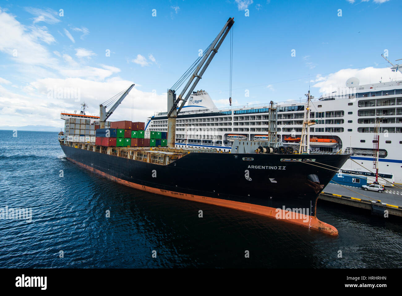 Cargo ship anchoring in the harbour of Ushuaia, Tierra del Fuego, Argentina Stock Photo