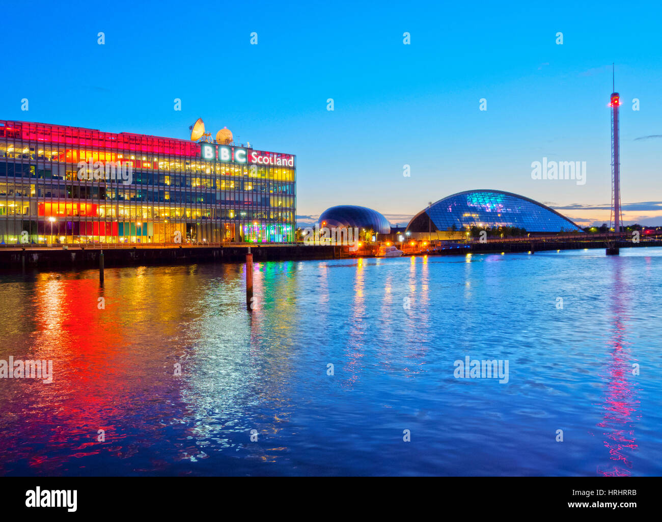 Twilight view of the BBC Scotland and the Glasgow Science Centre, Glasgow, Scotland, United Kingdom Stock Photo