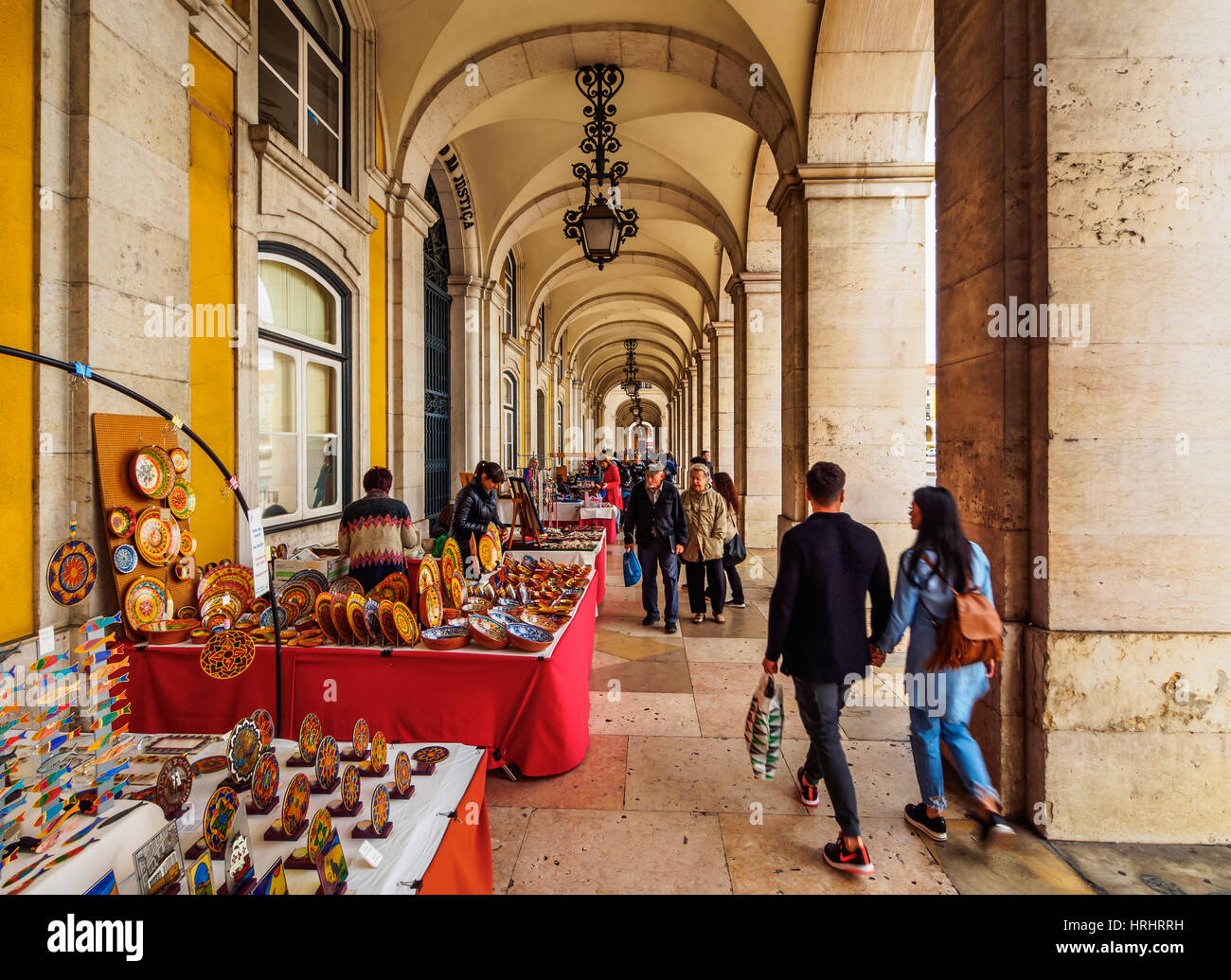 Market under Arcades of the Praca do Comercio, Lisbon, Portugal Stock Photo