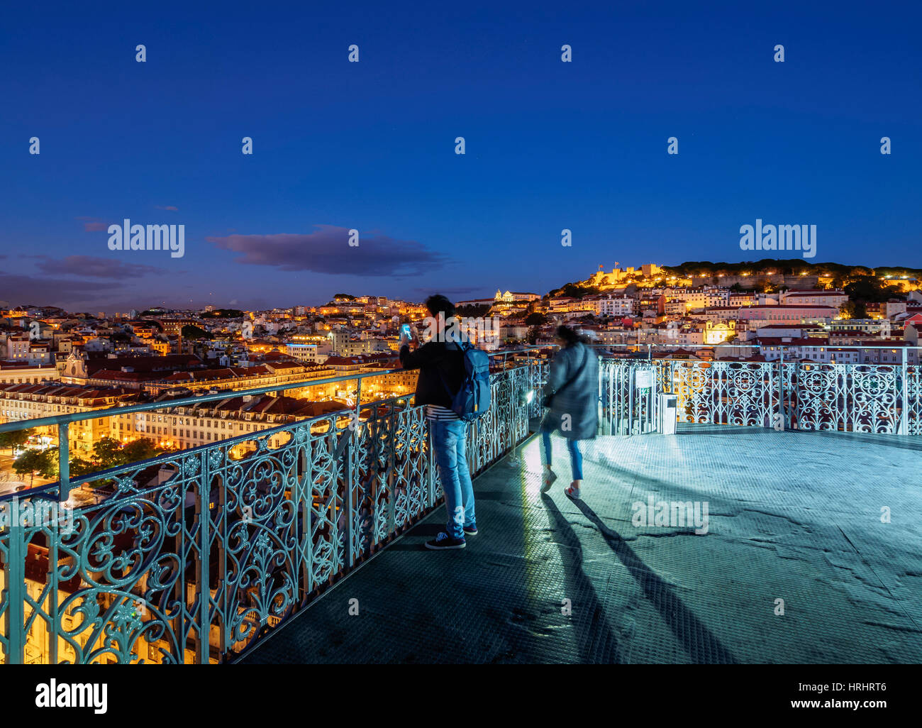 Twilight view of the Santa Justa Lift view point, Lisbon, Portugal Stock Photo