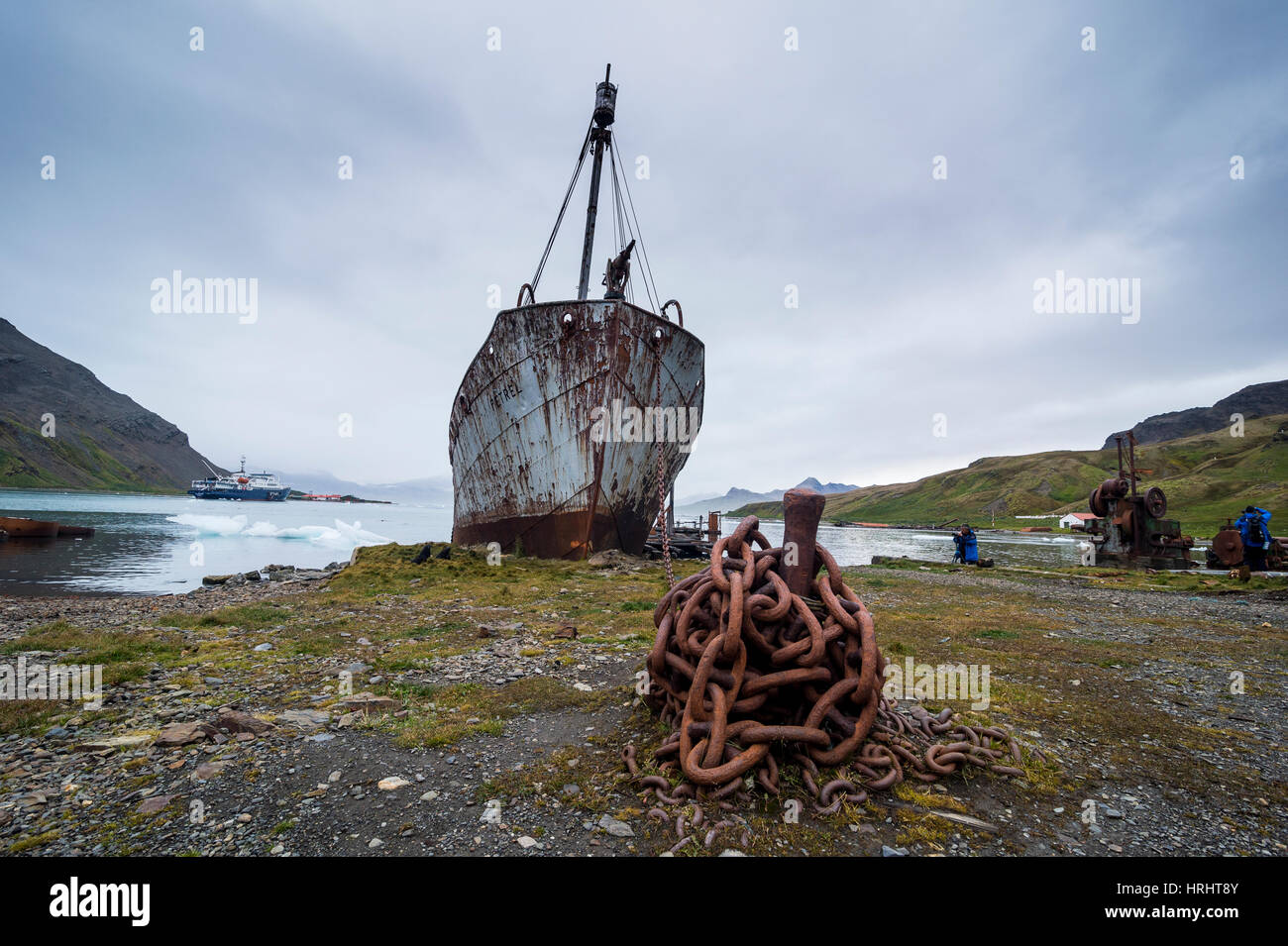 Old whaling boat, in the former whaling station, Grytviken, South Georgia, Antarctica, Polar Regions Stock Photo