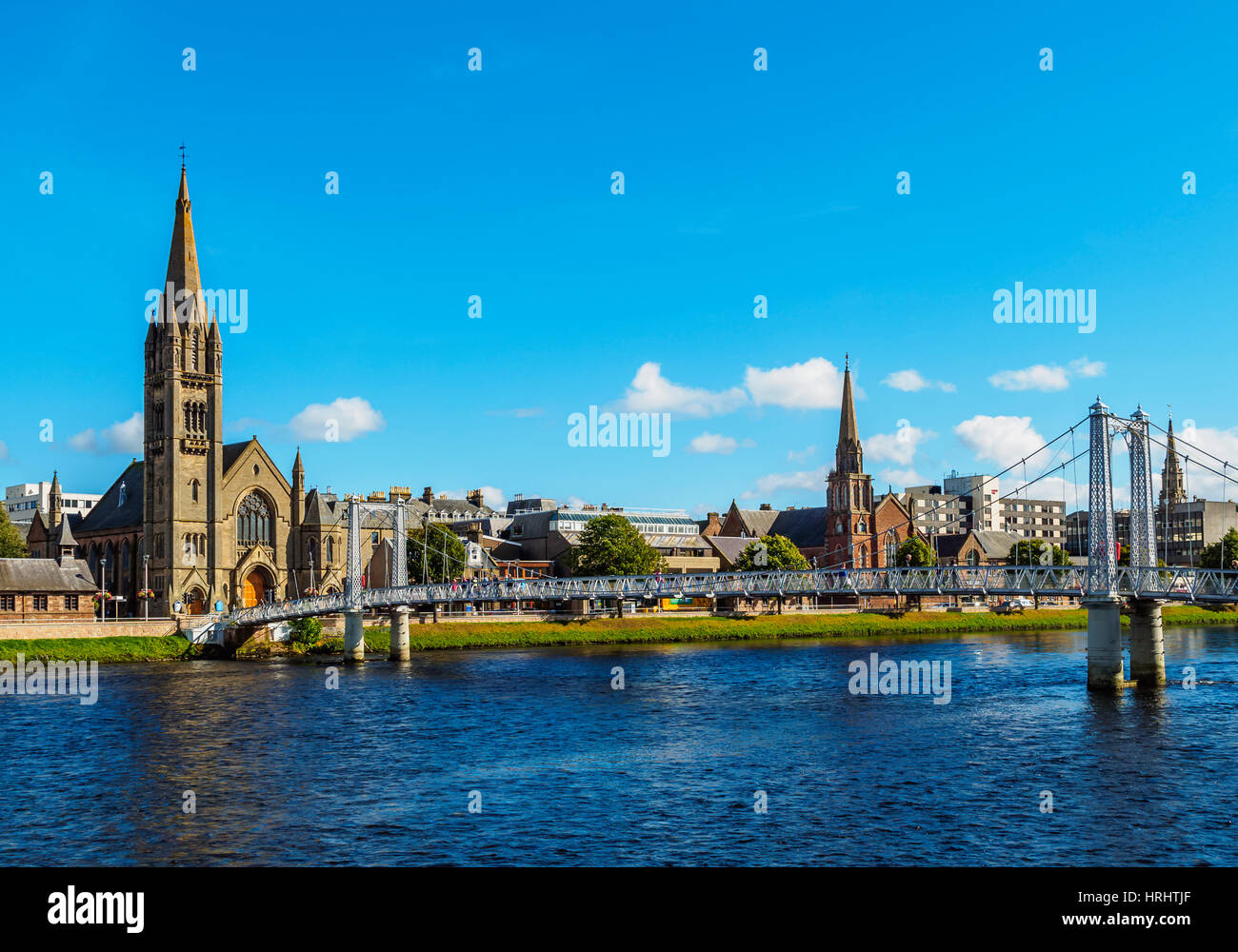 View of the Greig Street Bridge and the Free North Church, Inverness, Highlands, Scotland, United Kingdom Stock Photo