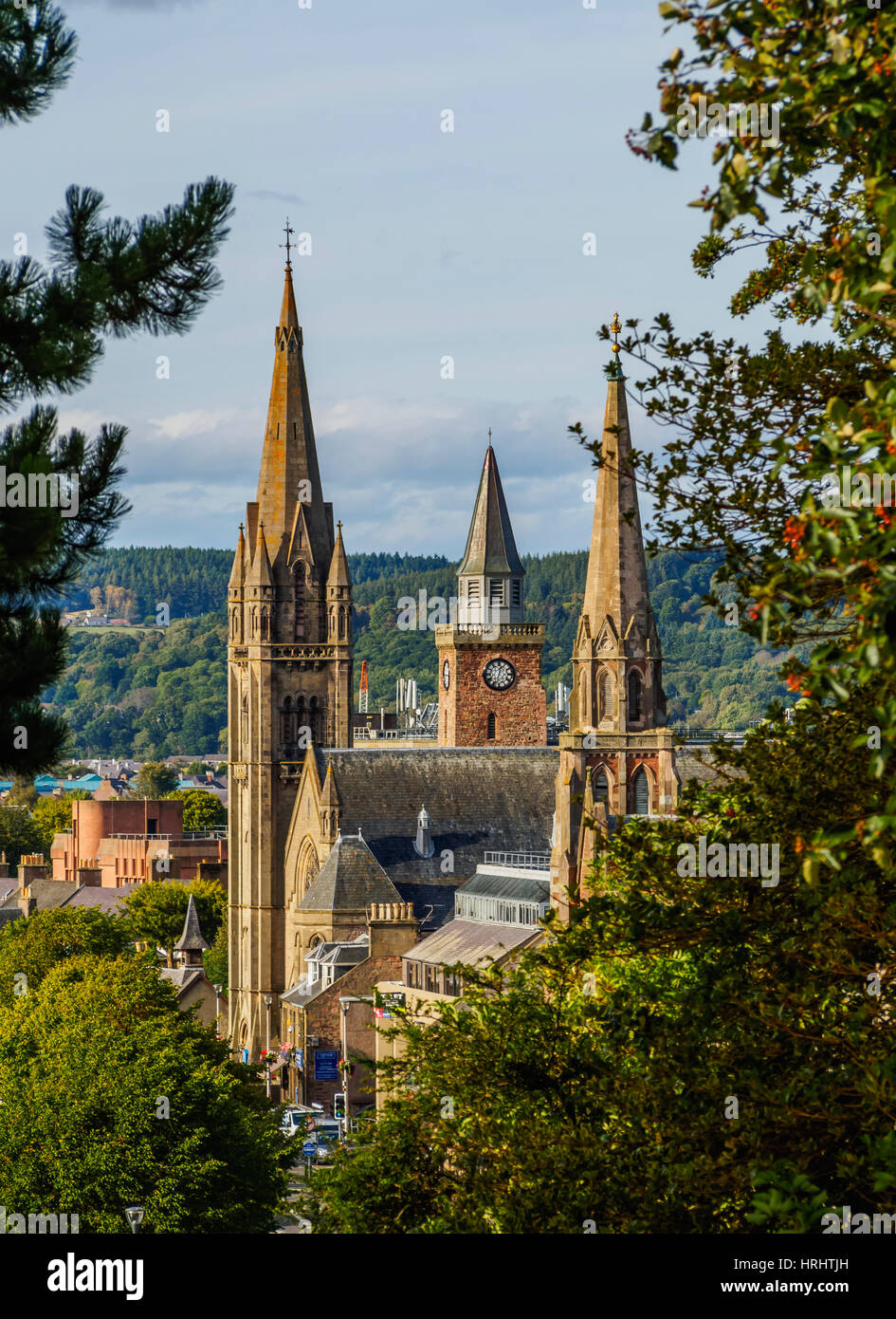 Elevated view of the Church Towers, Inverness, Highlands, Scotland, United Kingdom Stock Photo