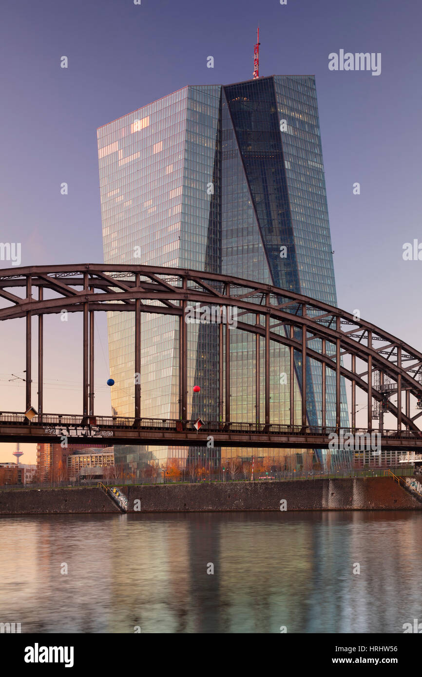 View over Main River to European Central Bank, Frankfurt, Hesse, Germany Stock Photo