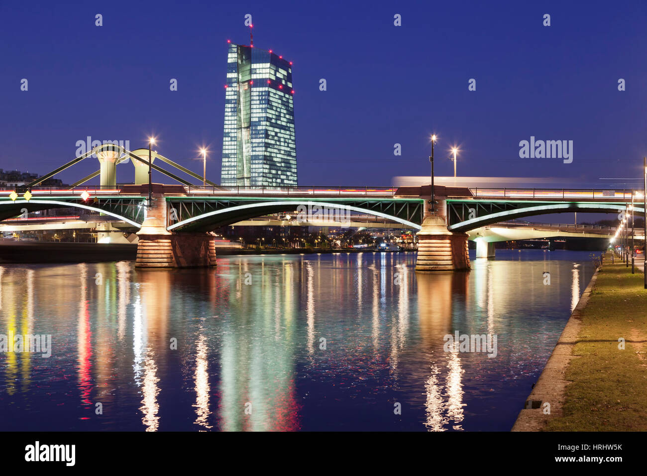 View over Main River to Ignatz Bubis Bridge and European Central Bank, Frankfurt, Hesse, Germany Stock Photo