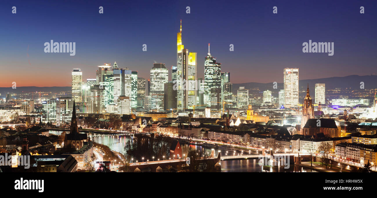 View over Main River to the financial district skyline, Kaiserdom cathedral, Paulskirche church, Frankfurt, Hesse, Germany Stock Photo