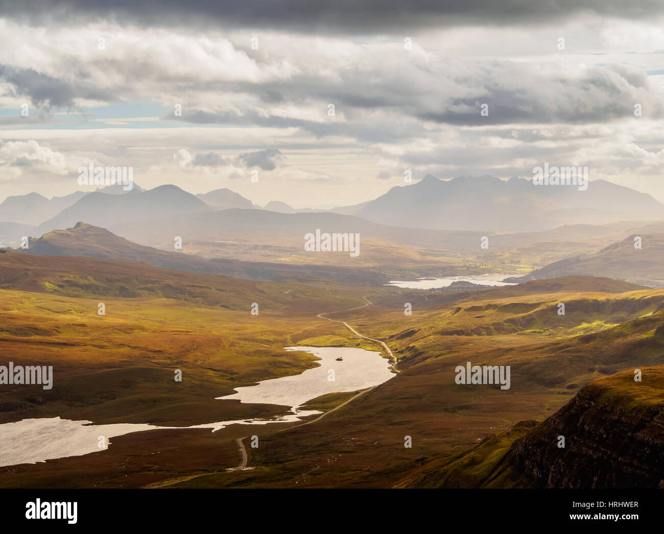 View from The Storr towards the Loch Leathan, Isle of Skye, Inner Hebrides, Scotland, United Kingdom Stock Photo