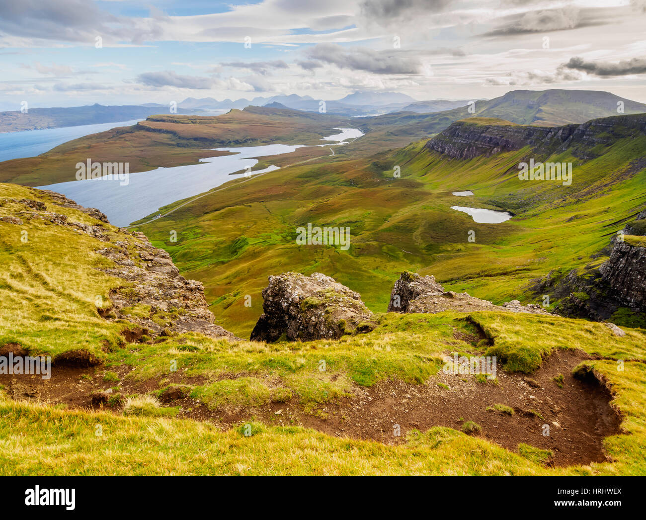 View from The Storr towards the Loch Leathan, Isle of Skye, Inner Hebrides, Scotland, United Kingdom Stock Photo