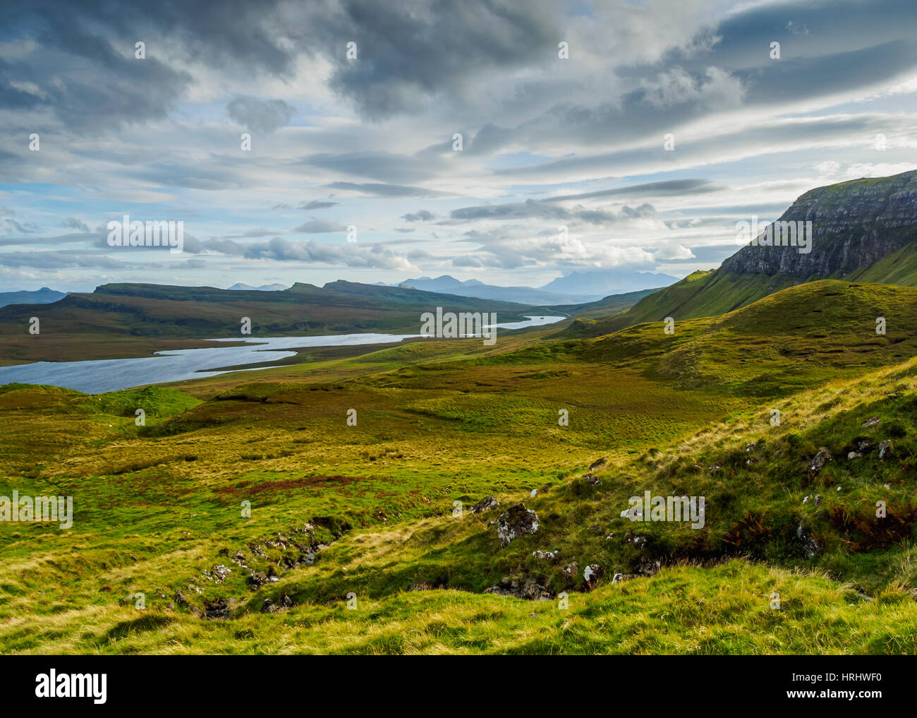 View from The Storr towards the Loch Leathan, Isle of Skye, Inner Hebrides, Scotland, United Kingdom Stock Photo