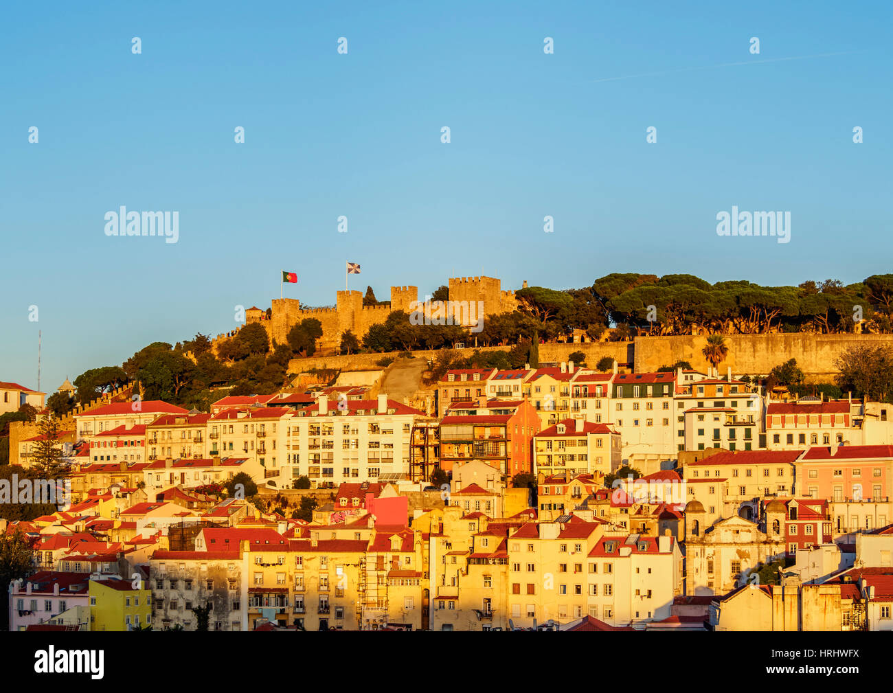 Miradouro de Santa Justa, view towards the Sao Jorge Castle, Lisbon, Portugal Stock Photo