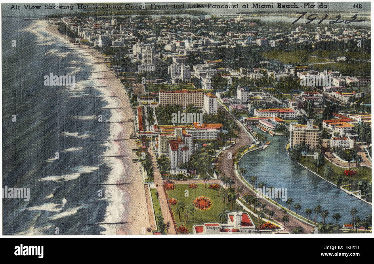 Air view showing hotels along ocean front and Lake Pancoast at Miami Beach, Florida Stock Photo