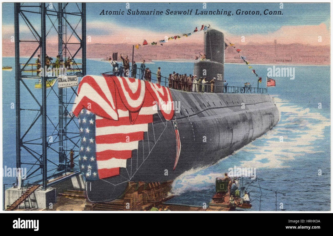 Connecticut Atomic Submarine Seawolf launching, Groton, Conn Stock