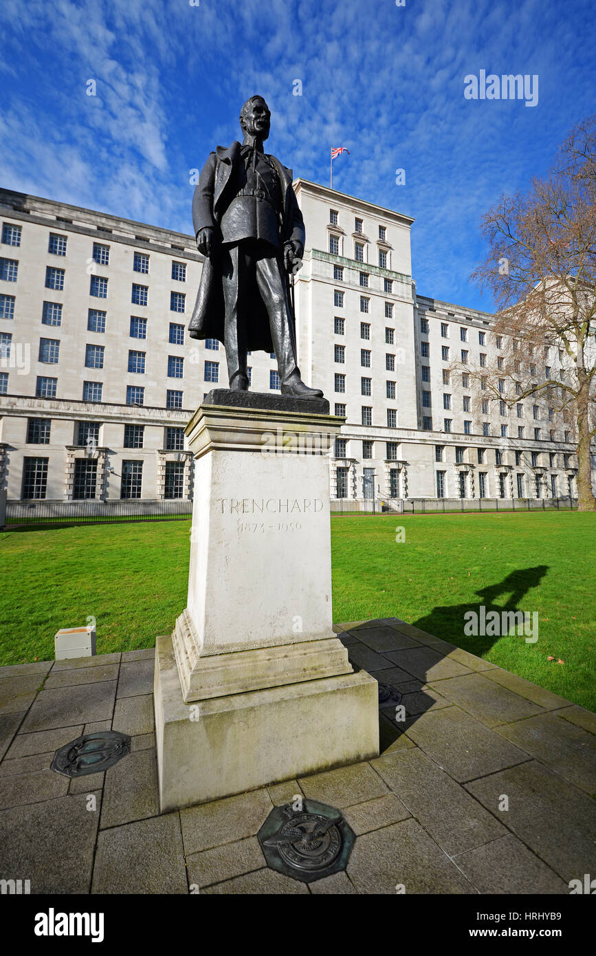 Lord Trenchard memorial statue in the Victoria Embankment Gardens in front of the MoD HQ building, Westminster, London. Space for copy Stock Photo
