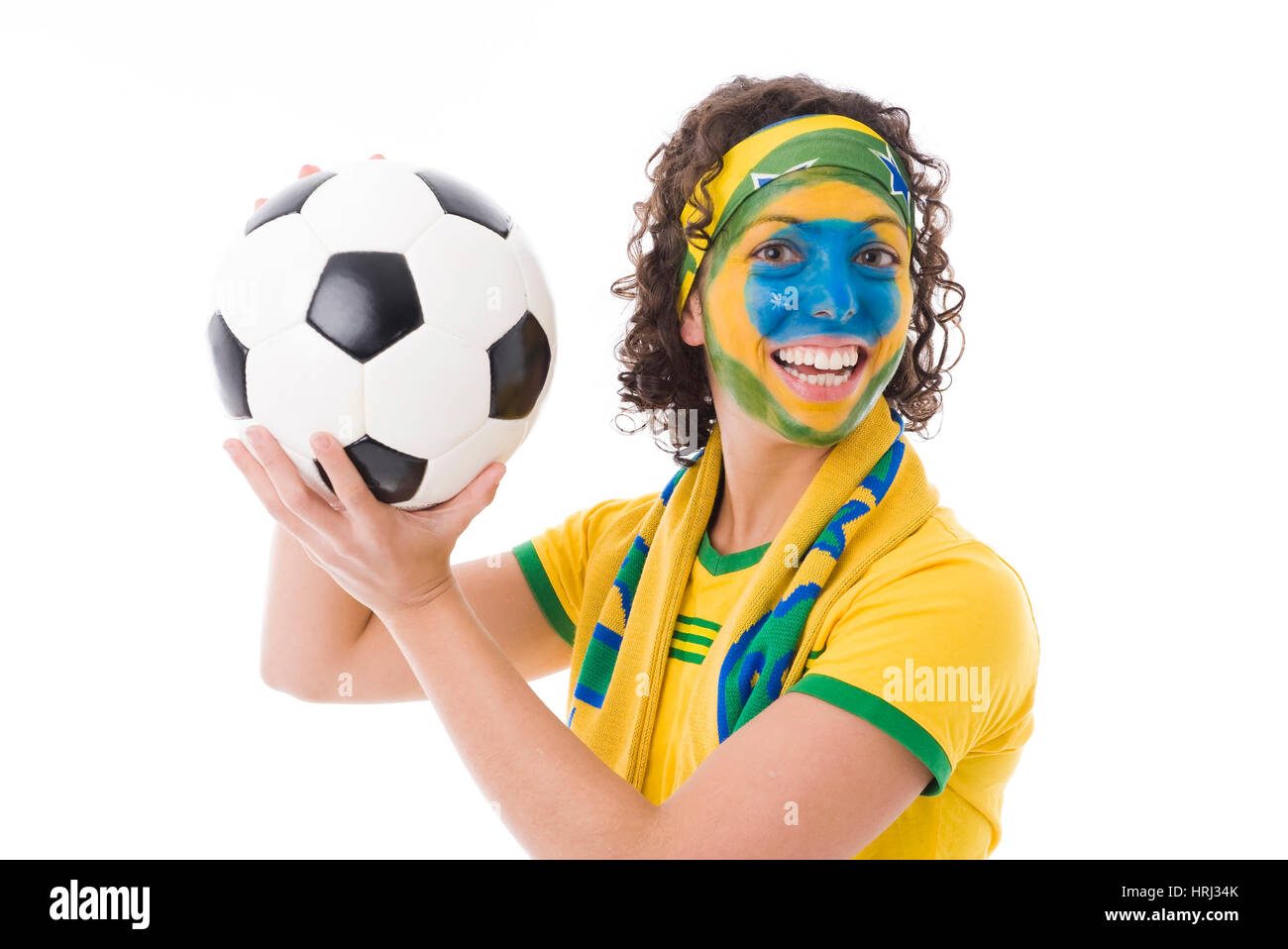 English football fan , Weiblicher brasilianischer Fussballfan zeigt Emotionen Stock Photo