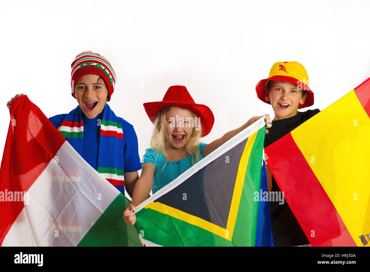 Football fans from verscheidenen countries, Fussballfans aus verschiedenen Laendern mit Fahne