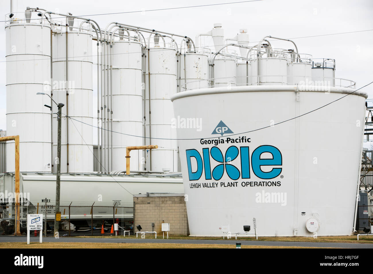 A logo sign outside of the Dixie Cup factory in Easton
