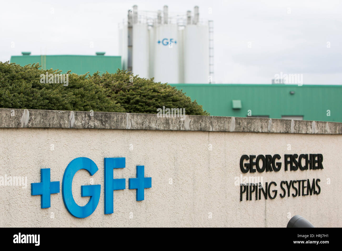 A logo sign outside of a facility occupied by Georg Fischer Piping Systems in Easton, Pennsylvania on February 26, 2017. Stock Photo