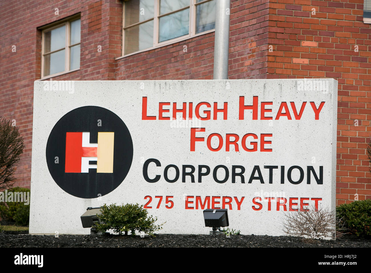 A logo sign outside of a facility occupied by the Lehigh Heavy Forge Corporation in Bethlehem, Pennsylvania on February 26, 2017. Stock Photo