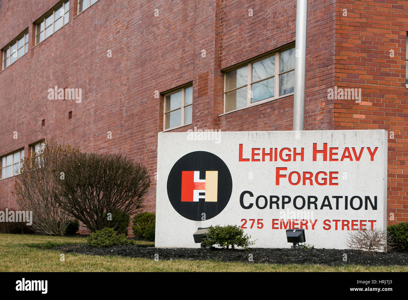 A logo sign outside of a facility occupied by the Lehigh Heavy Forge Corporation in Bethlehem, Pennsylvania on February 26, 2017. Stock Photo