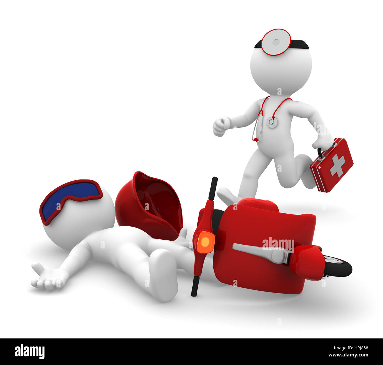 Emergency Medical Services. Paramedic running to a man lying down after scooter accident. Isolated Stock Photo