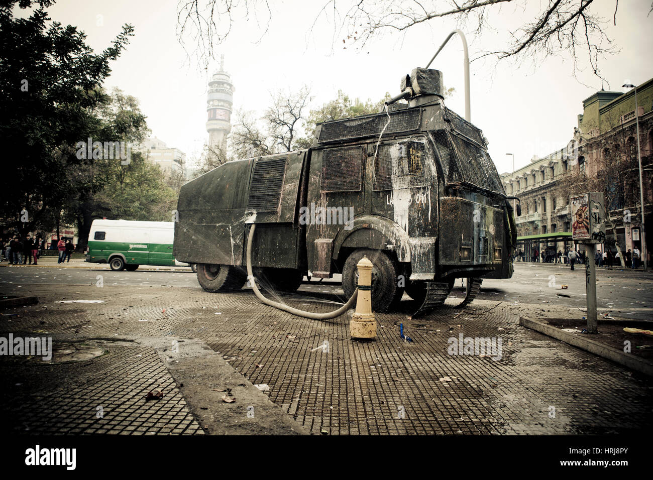 Chilean police water cannon on the street during a student strike in Santiago's Downtown, Chile. Stock Photo