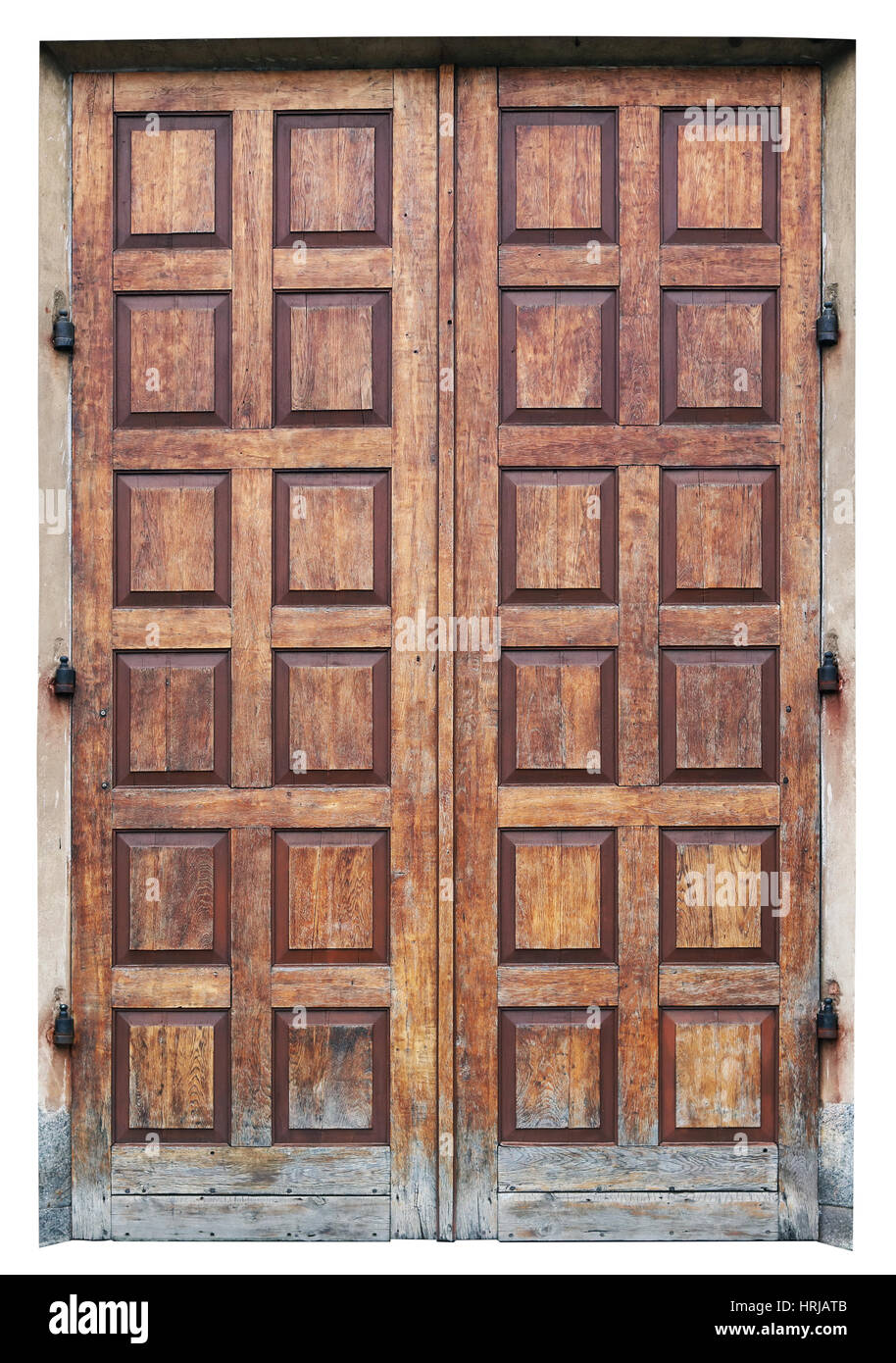 Big wooden oak doors in old church. Isolated on white Stock Photo