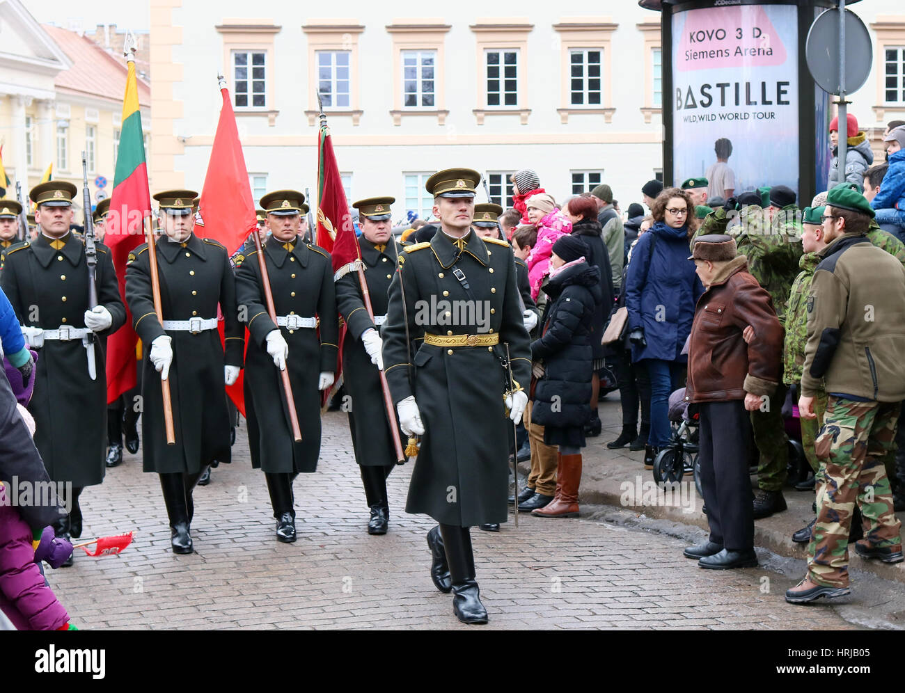 VILNIUS, LITHUANIA - FEBRUARY 16, 2017: Ccelebration of the independence of Lithuania. Lithuanian Armed Forces Officers  with respect bears a festive  Stock Photo