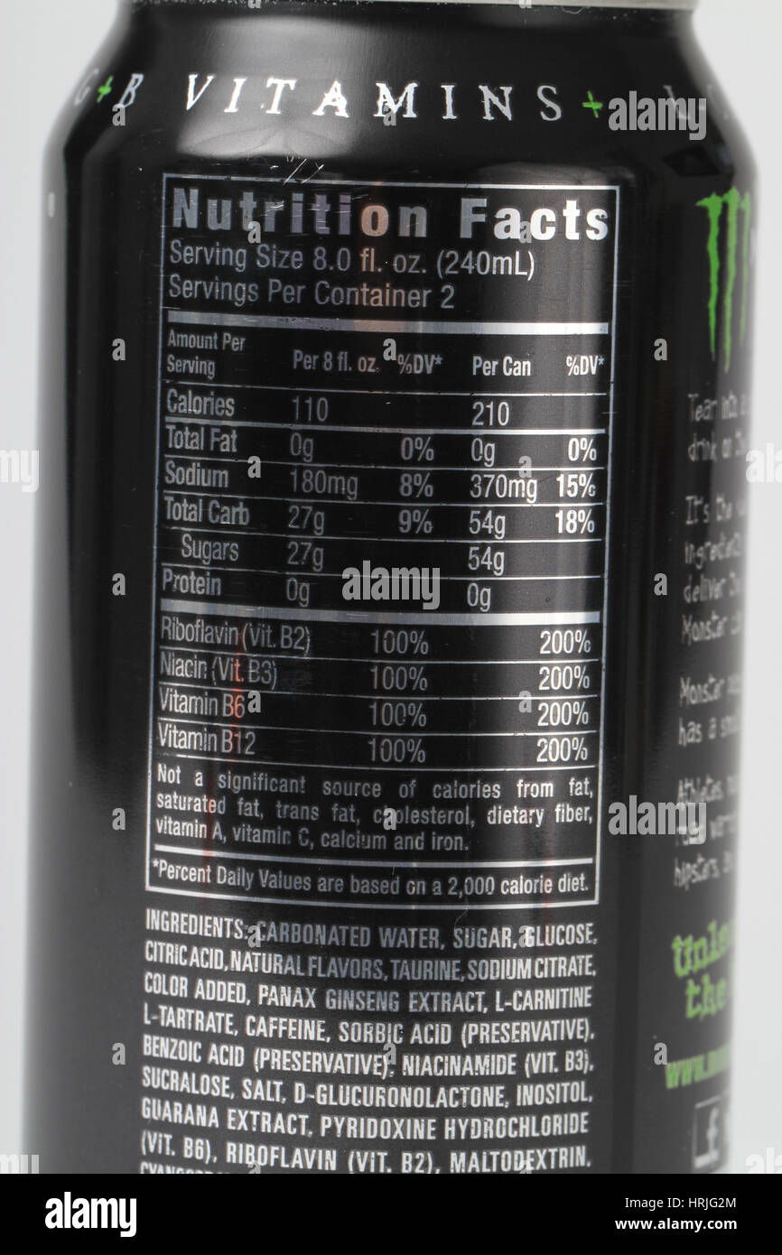 Nutrition Facts for Energy Drink Stock Photo - Alamy