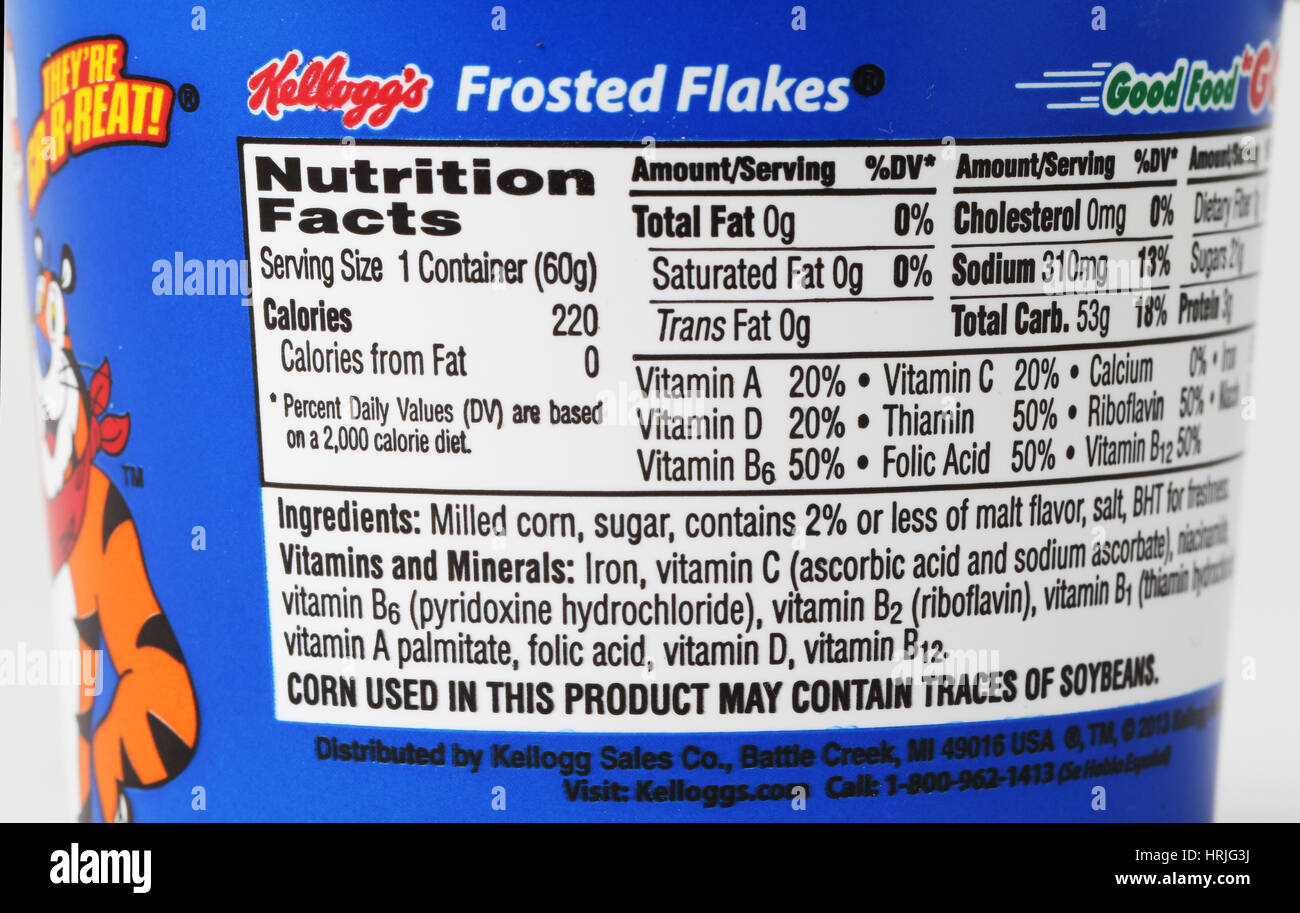 Nutrition Facts for Sugary Cereal Stock Photo 135017446 Alamy