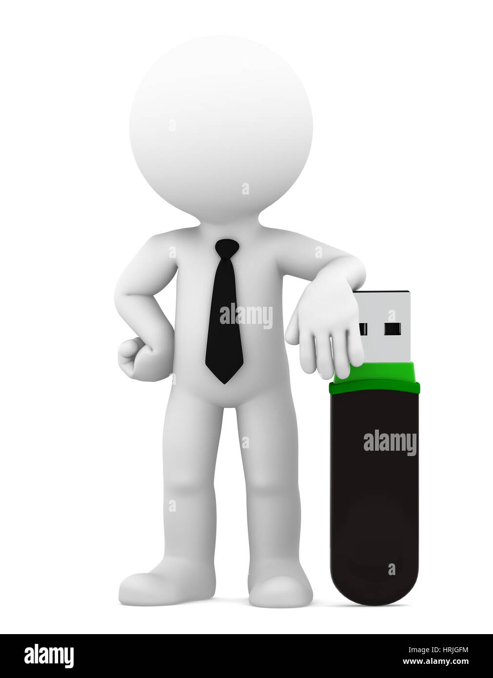 Businessman standing with big usb flash drive. Isolated Stock Photo