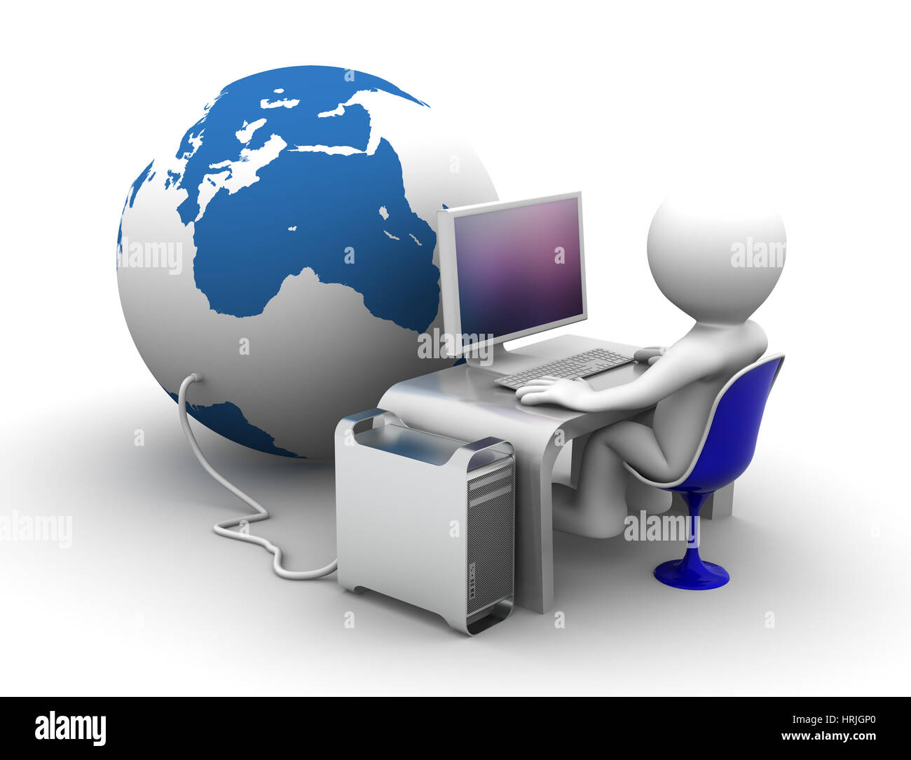 3d character Working on computer connectet to globe. Conceptual 3d illustration Stock Photo